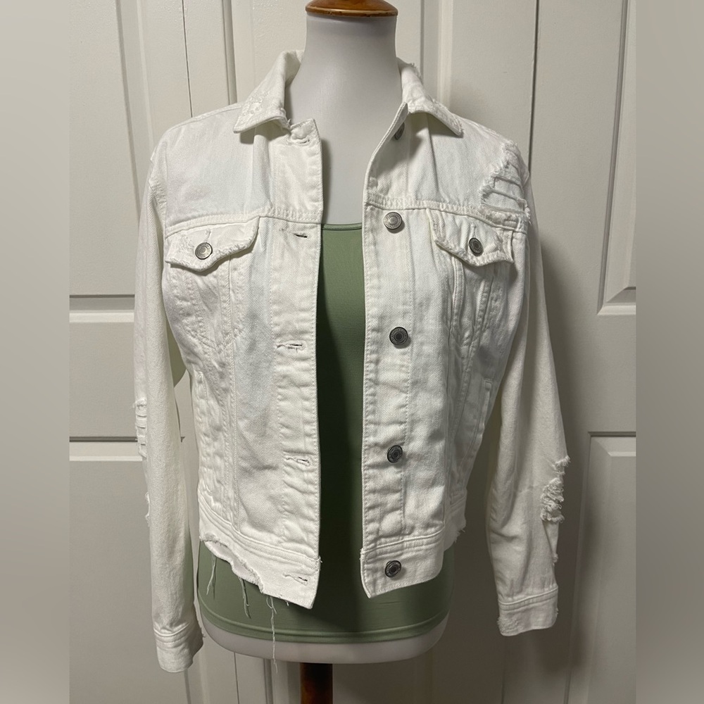 American Eagle Outfitters white distressed button up denim jacket
